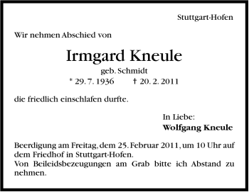 Traueranzeige von Irmgard Kneule von Stuttgarter Zeitung / Stuttgarter Nachrichten