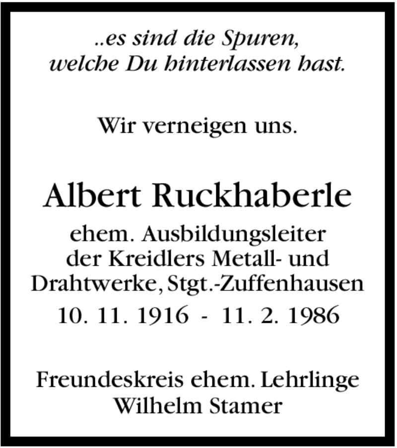  Traueranzeige für Albert Ruckhaberle vom 11.02.2011 aus Stuttgarter Zeitung / Stuttgarter Nachrichten