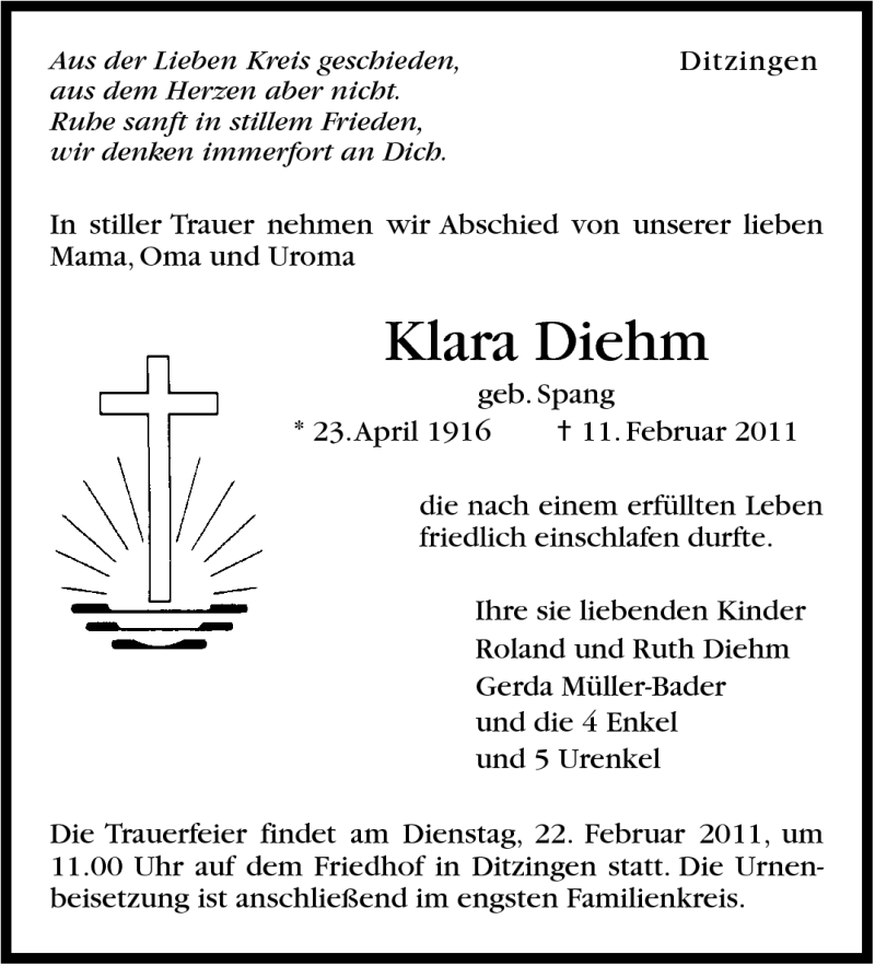  Traueranzeige für Klara Diehm vom 18.02.2011 aus Stuttgarter Zeitung / Stuttgarter Nachrichten