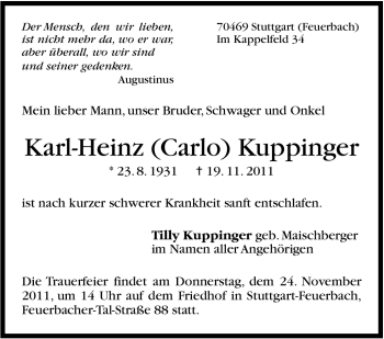 Traueranzeige von Karl-Heinz Kuppinger von Leonberger Kreiszeitung / Strohgäu Extra