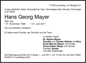 Traueranzeige von Hans Georg Mayer von Leonberger Kreiszeitung / Strohgäu Extra