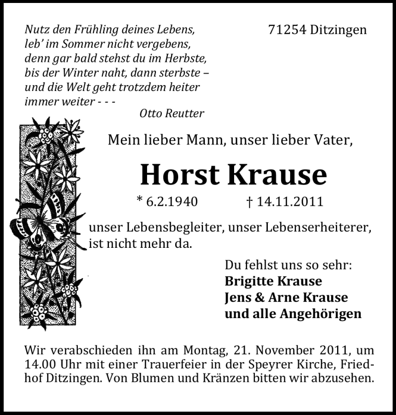  Traueranzeige für Horst Krause vom 17.11.2011 aus Leonberger Kreiszeitung / Strohgäu Extra