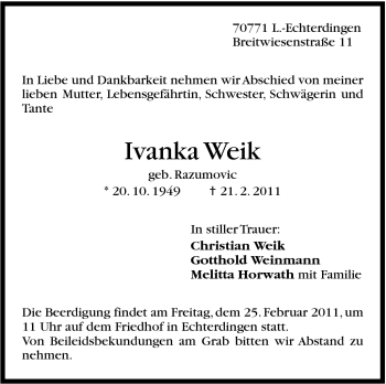 Traueranzeige von Ivanka Weik von Stuttgarter Zeitung / Stuttgarter Nachrichten