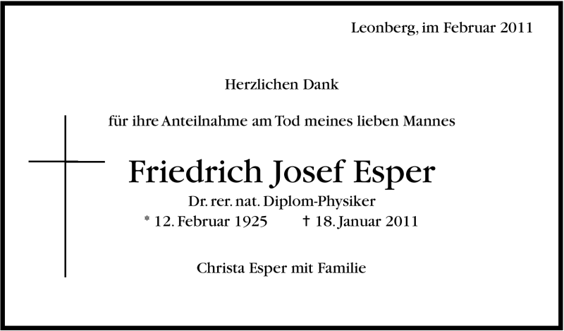  Traueranzeige für Friedrich Josef Esper vom 12.02.2011 aus Leonberger Kreiszeitung / Strohgäu Extra