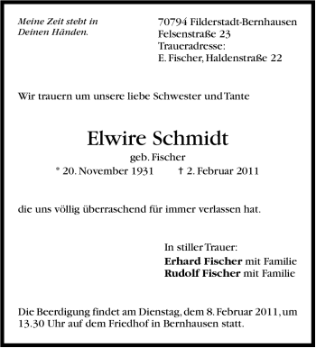 Traueranzeige von Elwire Schmidt von Stuttgarter Zeitung / Stuttgarter Nachrichten