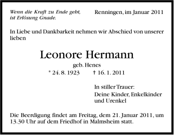 Traueranzeige von Leonore Hermann von Leonberger Kreiszeitung / Strohgäu Extra