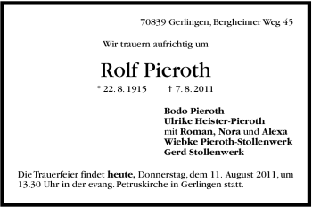Traueranzeige von Rolf Pieroth von Leonberger Kreiszeitung / Strohgäu Extra