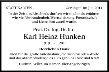 Traueranzeige von Karl Heinz Hunken von Leonberger Kreiszeitung / Strohgäu Extra