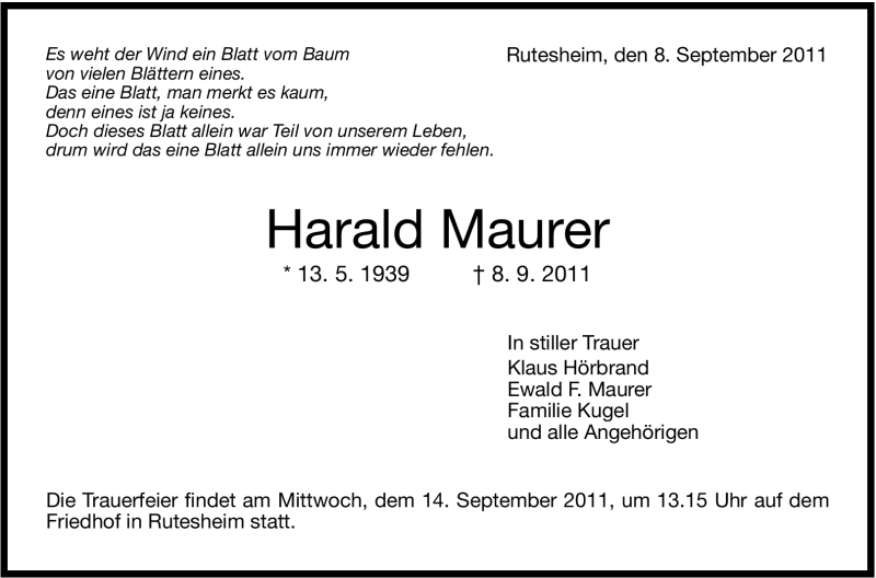  Traueranzeige für Harald Maurer vom 10.09.2011 aus Leonberger Kreiszeitung / Strohgäu Extra