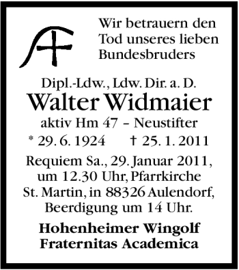 Traueranzeige von Walter Widmaier von Stuttgarter Zeitung / Stuttgarter Nachrichten