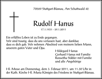 Traueranzeige von Rudolf Hanus von Stuttgarter Zeitung / Stuttgarter Nachrichten