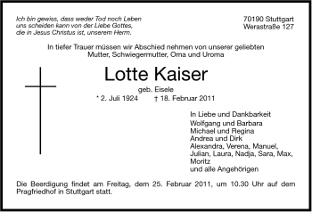 Traueranzeige von Lotte Kaiser von Stuttgarter Zeitung / Stuttgarter Nachrichten