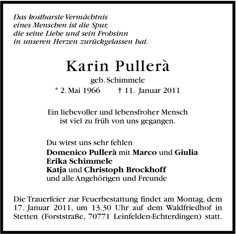  Traueranzeige für Karin Pullerà vom 14.01.2011 aus Stuttgarter Zeitung / Stuttgarter Nachrichten