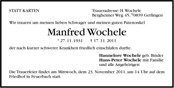Traueranzeige von Manfred Wochele von Leonberger Kreiszeitung / Strohgäu Extra