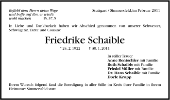 Traueranzeige von Friedrike Schaible von Stuttgarter Zeitung / Stuttgarter Nachrichten