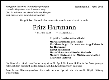 Traueranzeige von Fritz Hartmann von Leonberger Kreiszeitung / Strohgäu Extra
