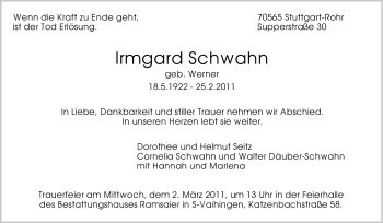 Traueranzeige von Irmgard Schwahn von Stuttgarter Zeitung / Stuttgarter Nachrichten