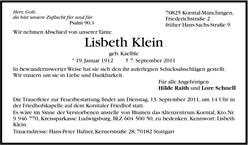  Traueranzeige für Lisbeth Klein vom 09.09.2011 aus Leonberger Kreiszeitung / Strohgäu Extra