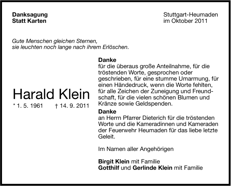 Traueranzeige für Harald Klein vom 08.10.2011 aus Stuttgarter Zeitung / Stuttgarter Nachrichten