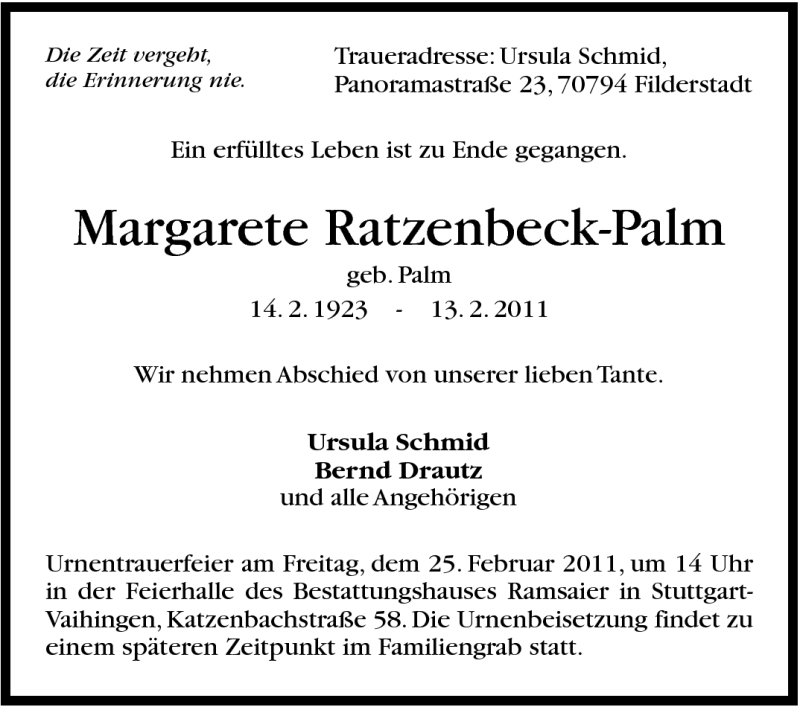  Traueranzeige für Margarete Ratzenbeck-Palm vom 21.02.2011 aus Stuttgarter Zeitung / Stuttgarter Nachrichten