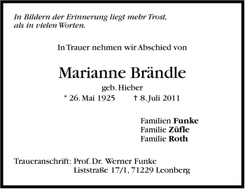 Traueranzeige von Marianne Brändle von Leonberger Kreiszeitung / Strohgäu Extra