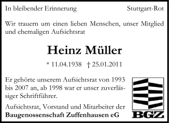Traueranzeige von Heinz Müller von Stuttgarter Zeitung / Stuttgarter Nachrichten