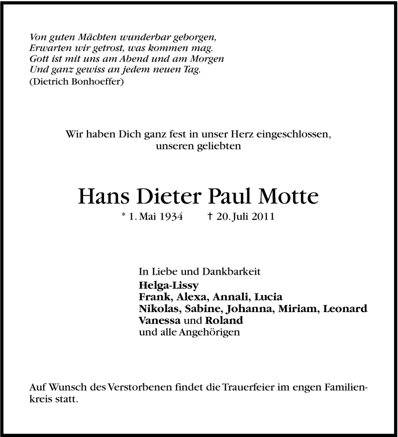  Traueranzeige für Hans Dieter Paul  Motte vom 23.07.2011 aus Stuttgarter Zeitung / Stuttgarter Nachrichten