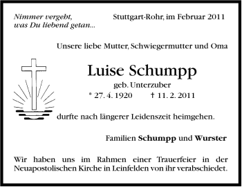 Traueranzeige von Luise Schumpp von Stuttgarter Zeitung / Stuttgarter Nachrichten