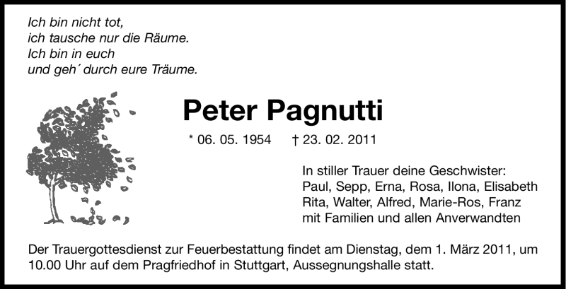  Traueranzeige für Peter Pagnutti vom 28.02.2011 aus Stuttgarter Zeitung / Stuttgarter Nachrichten