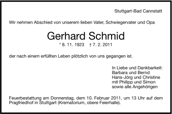 Traueranzeige von Gerhard Schmid von Stuttgarter Zeitung / Stuttgarter Nachrichten