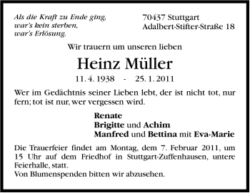 Traueranzeige von Heinz Müller von Stuttgarter Zeitung / Stuttgarter Nachrichten