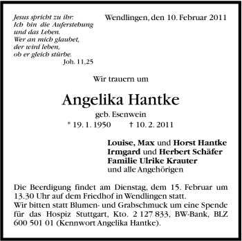 Traueranzeige von Angelika Hantke von Stuttgarter Zeitung / Stuttgarter Nachrichten