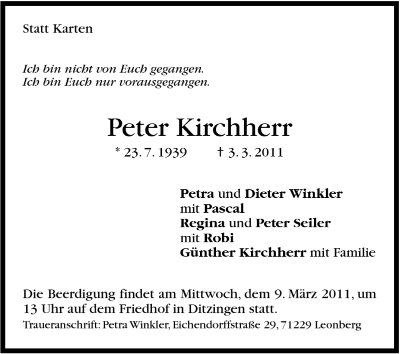  Traueranzeige für Peter Kirchherr vom 05.03.2011 aus Leonberger Kreiszeitung / Strohgäu Extra