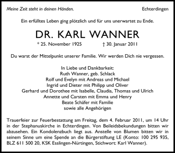 Traueranzeige von Karl Wanner von Stuttgarter Zeitung / Stuttgarter Nachrichten