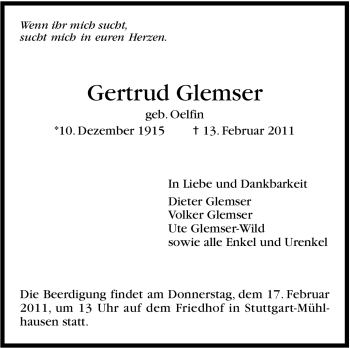 Traueranzeige von Gertrud Glemser von Stuttgarter Zeitung / Stuttgarter Nachrichten