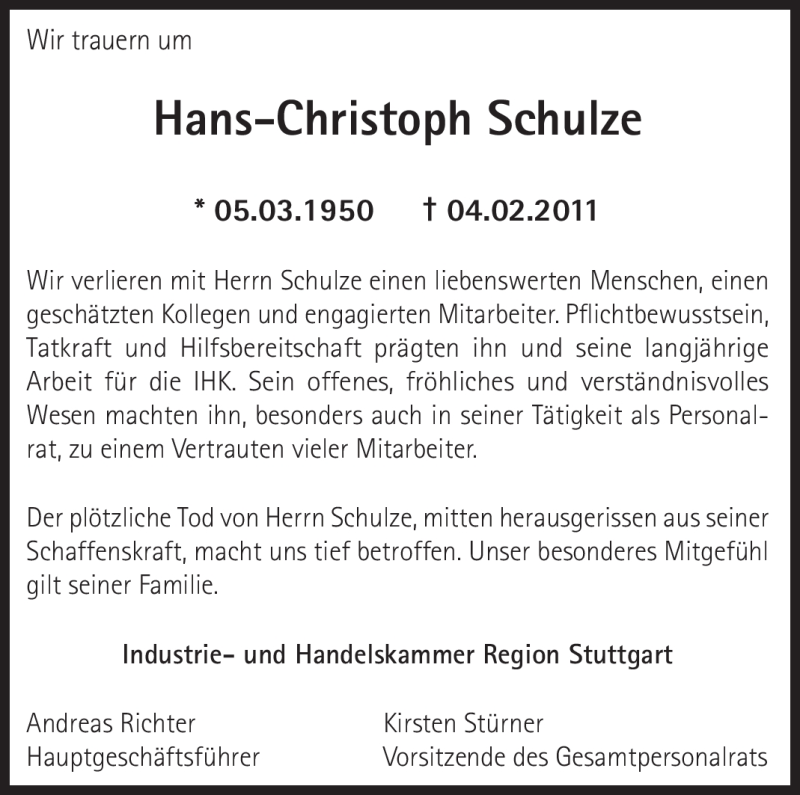  Traueranzeige für Hans-Christoph Schulze vom 10.02.2011 aus Stuttgarter Zeitung / Stuttgarter Nachrichten