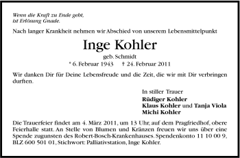 Traueranzeige von Inge Kohler von Stuttgarter Zeitung / Stuttgarter Nachrichten