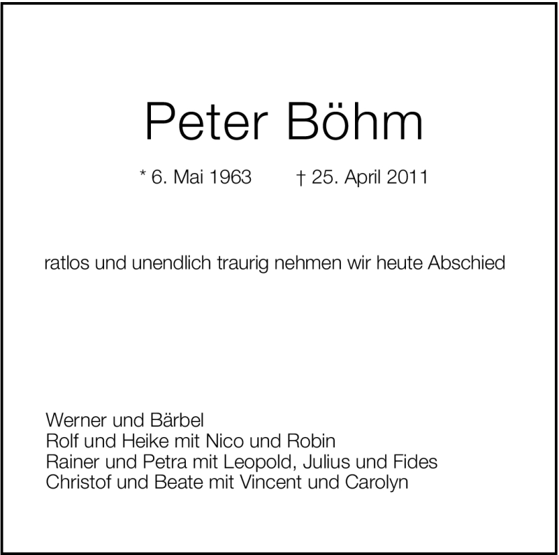  Traueranzeige für Peter Böhm vom 03.05.2011 aus Stuttgarter Zeitung / Stuttgarter Nachrichten