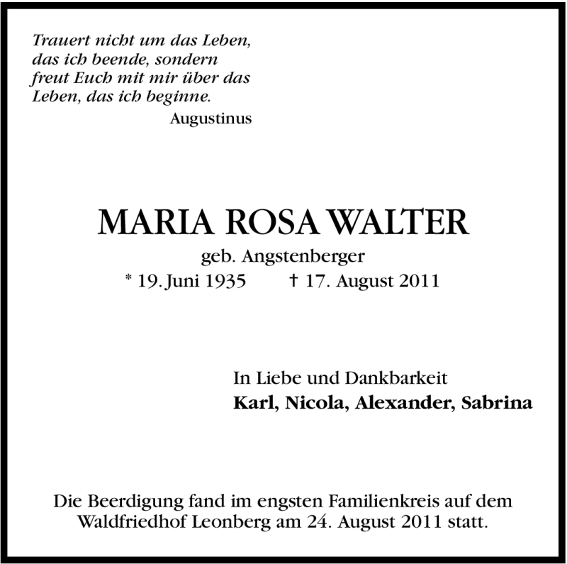  Traueranzeige für Maria Rosa  Walter vom 31.08.2011 aus Leonberger Kreiszeitung / Strohgäu Extra