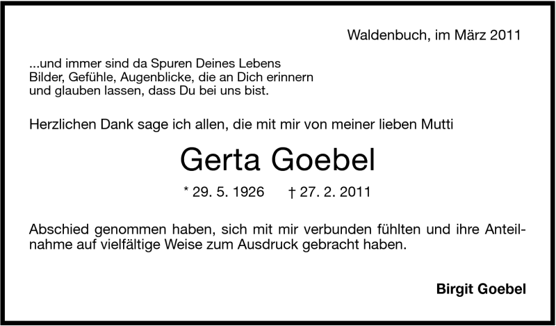  Traueranzeige für Gerta Goebel vom 10.03.2011 aus Stuttgarter Zeitung / Stuttgarter Nachrichten