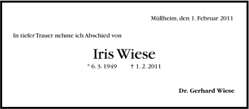 Traueranzeige von Iris Wiese von Stuttgarter Zeitung / Stuttgarter Nachrichten