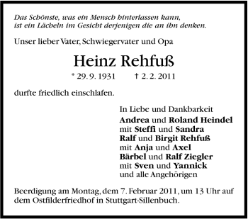 Traueranzeige von Heinz Rehfuß von Stuttgarter Zeitung / Stuttgarter Nachrichten