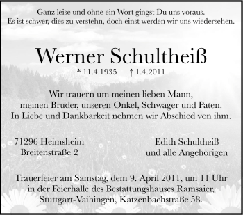 Traueranzeige von Werner Schultheiß von Leonberger Kreiszeitung / Strohgäu Extra