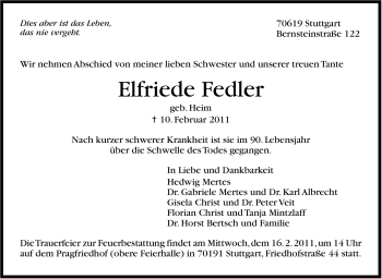 Traueranzeige von Elfriede Fedler von Stuttgarter Zeitung / Stuttgarter Nachrichten