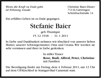 Traueranzeige von Stefanie Baier von Stuttgarter Zeitung / Stuttgarter Nachrichten