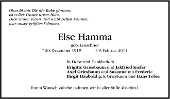 Traueranzeige von Else Hamma von Stuttgarter Zeitung / Stuttgarter Nachrichten