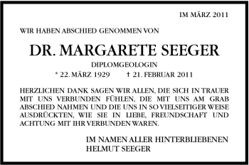 Traueranzeige von Margarete Seeger von Stuttgarter Zeitung / Stuttgarter Nachrichten