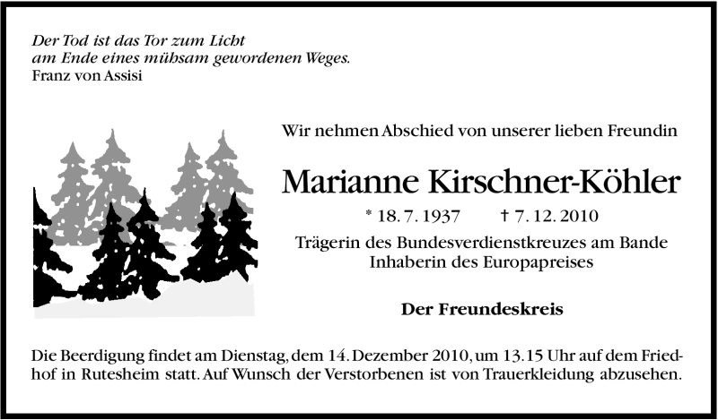  Traueranzeige für Marianne Kirschner-Köhler vom 11.12.2010 aus Leonberger Kreiszeitung / Strohgäu Extra