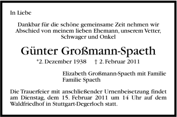 Traueranzeige von Günter Großmann-Spaeth von Stuttgarter Zeitung / Stuttgarter Nachrichten