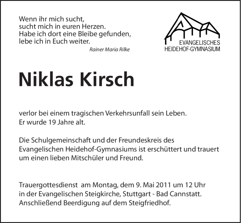  Traueranzeige für Niklas Kirsch vom 06.05.2011 aus Stuttgarter Zeitung / Stuttgarter Nachrichten
